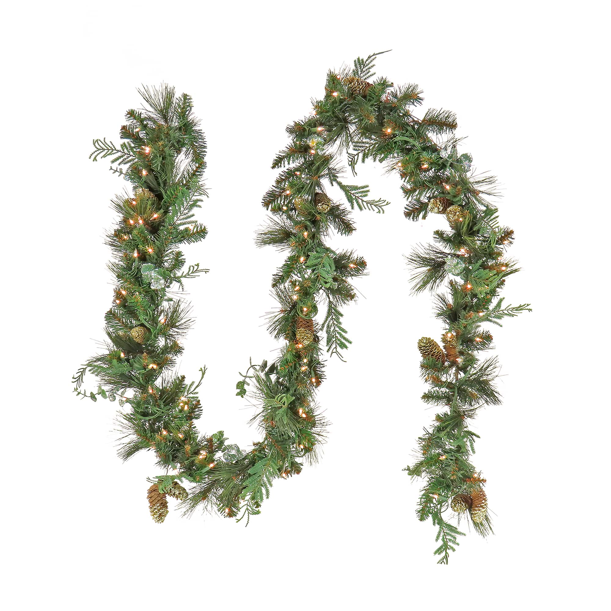 First Traditions™ Collection 9ft. Pre-Lit Artificial North Conway Garland with Glittery Cones & Eucalyptus, 100 Warm White LED Lights